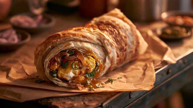 A Kolkata-style egg roll featuring flaky paratha, cooked egg, onions, chilies, herbs, and tangy sauce.