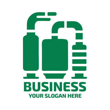 A green industrial manufacturing plant icon or logo design element featuring stylized pipes and storage tanks with placeholder text for business branding and corporate identity projects