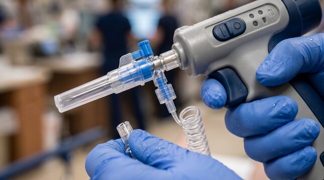 extreme close-up of an emergency medical professional's gloved hands holding a sterile intraosseous access device, compact emergency medical instrument with protective components, blue nitrile gloves