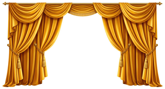 Golden draped curtains with tassels are displayed against a transparent background draperies goldenrod yellow fabric textiles swag folds drape decoration interior stage theater luxury opulence