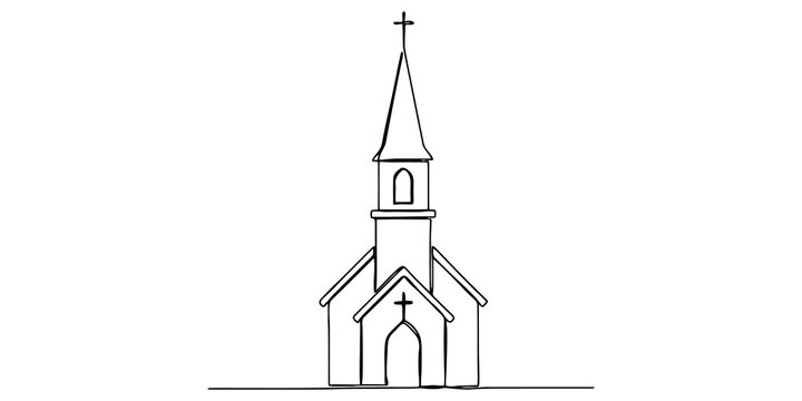 Continuous line drawing of traditional church building with steeple for religious design or community architecture icon.