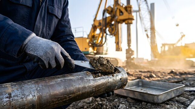 Worker extracting soil sample from metal core barrel at geotechnical drilling site   