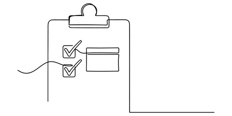 Clipboard with checklists and checked boxes black continuous line art for project management or business task assignment. © etiy