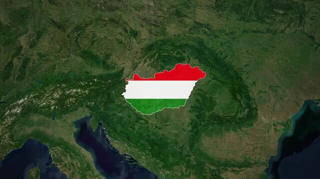 World map animation highlighting hungary with national flag and satellite geography view