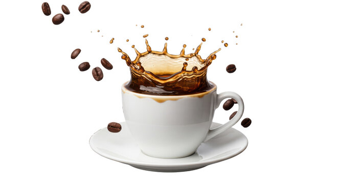 Coffee splash in a white cup with scattered beans captured in a dynamic studio photograph arabica beverage brown caffeine coffeebeans coffeecup coffeetime consumption delicious drink