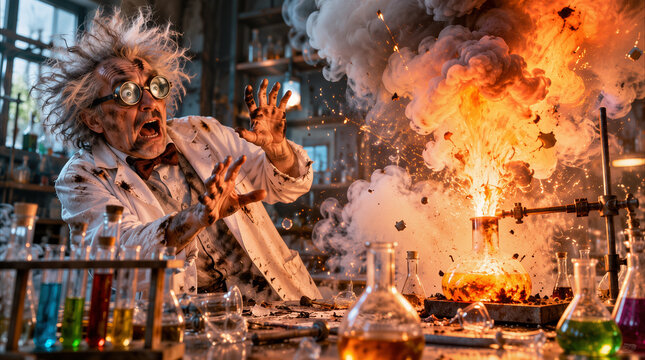 Eccentric senior scientist reacting to chemical explosion in laboratory. Mad professor with messy hair and goggles experiencing failed experiment with fire and smoke.