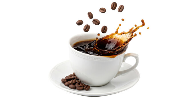 Coffee splashing from a white porcelain cup with scattered beans against a white background arabica beverage brown caffeine ceramic coffeebeans coffeecup consumption delicious drink espresso