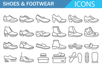 Obraz premium Footwear Icons Collection, Sneakers Boots Athletic Shoes and Fashion Shoe Outline Set
