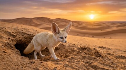 Fototapeta premium A fennec fox emerges from its desert burrow during a golden sunset in the sandy dunes