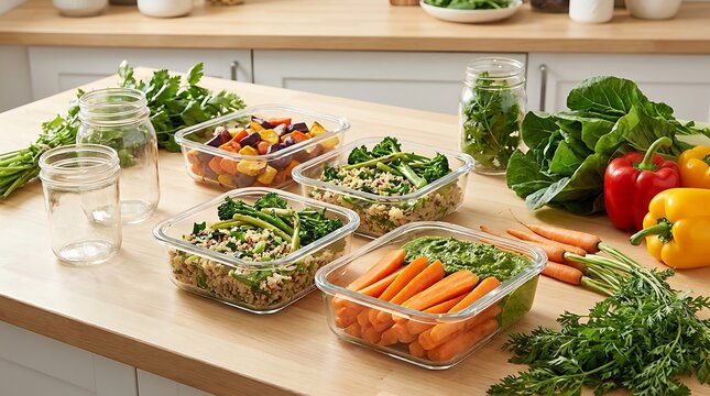 Glass containers with fresh cut vegetables and healthy salad ingredients on a wooden kitchen counter. zero waste meal prep