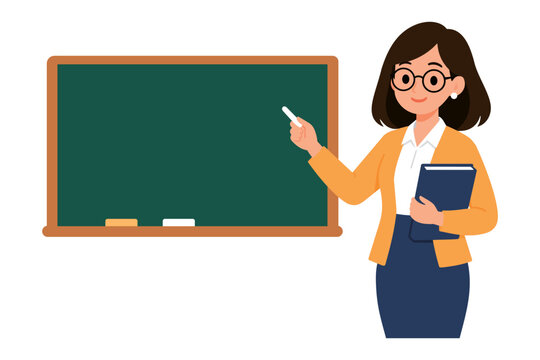Female Teacher Teaching in Front of Blackboard &ndash; Education and Classroom Vector Illustration