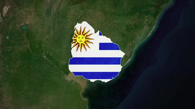 World map animation highlighting uruguay with national flag and satellite geography view