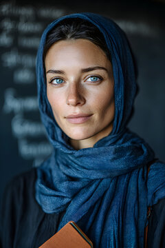 Portrait of young adult Middle Eastern woman wearing hijab looking into camera, holding notebook standing in front of chalkboard with English grammar sentences in language school classroom