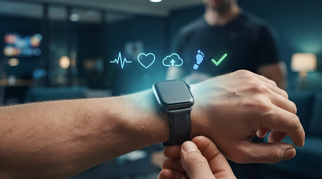 Professional hand interacting with smartwatch and floating health tracking icons