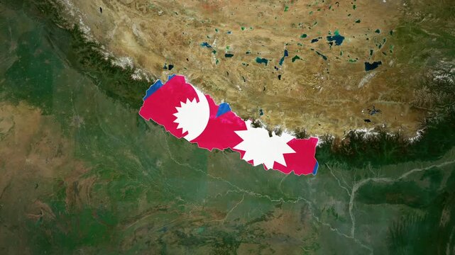 World map animation highlighting nepal with national flag and satellite geography view