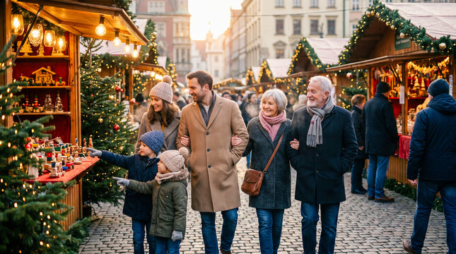 Familia disfrutando de un mercado navide&ntilde;o durante una tarde de invierno, rodeada de luces, puestos festivos y ambiente de celebraci&oacute;n.