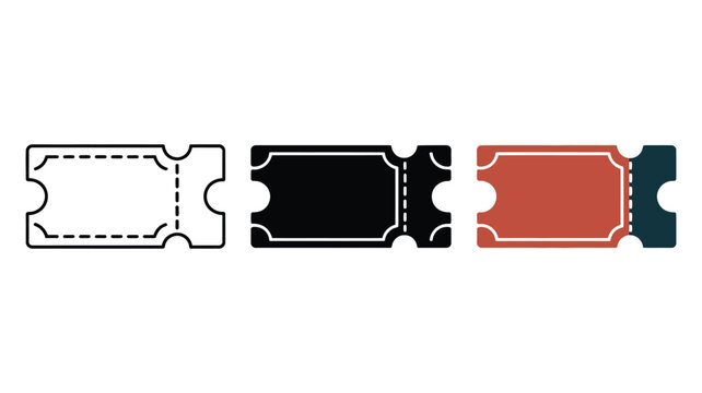Set of three ticket icons featuring line art solid black and colored vector designs for event admission