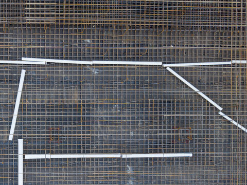 Aerial view of a complex rebar grid for a concrete slab foundation at a construction site in Istanbul, Istanbul, Turkey.
