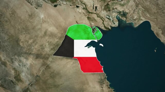World map animation highlighting kuwait with national flag and satellite geography view