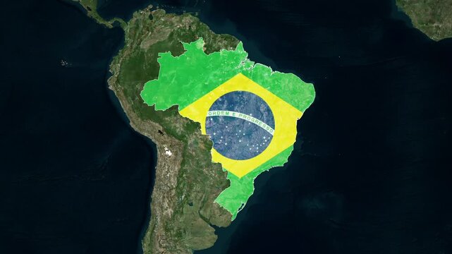 World map animation highlighting brazil with national flag and satellite geography view