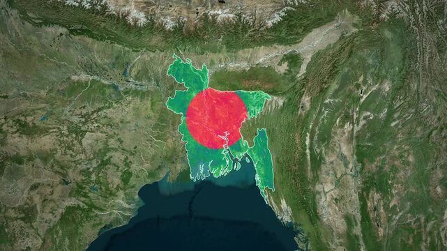 World map animation highlighting bangladesh with national flag and satellite geography view