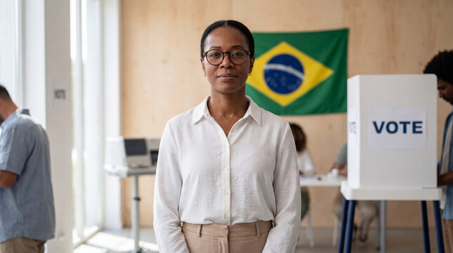 A confident Brazilian woman in glasses poses at a polling station during an election day, with a Brazil flag and voting booths in the blurred background.