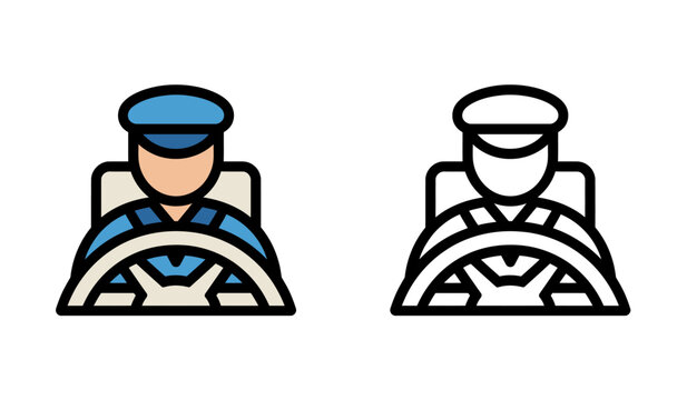 Ship captain icon driving boat with steering wheel for marine and transport.
