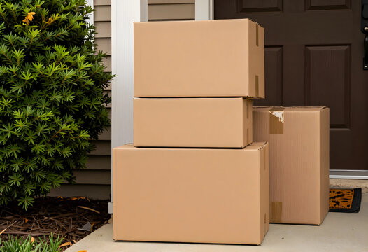 E-commerce delivery and online shopping, cardboard boxes left on a residential front porch for contactless home delivery service during the day
