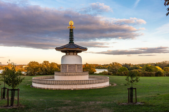 Milton Keynes Peace Pagoda, the first of its kind in the Western hemisphere. Located in Willen Lake North Peace, was built in 1980. Shot 2 October 2026.
