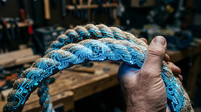Hand holding a tech rope with blue circuit glowing lights in a workshop background for creative marketing logo design vector