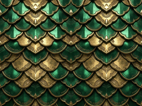 Seamless pattern of ornate green and gold dragon scales with metallic texture.