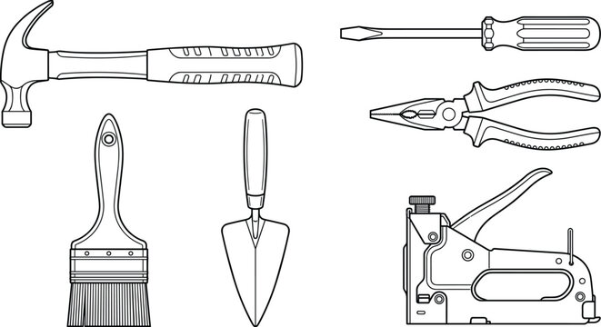 Hand tools vector line art icon set featuring hammer screwdriver paintbrush trowel pliers and staple gun for construction hardware