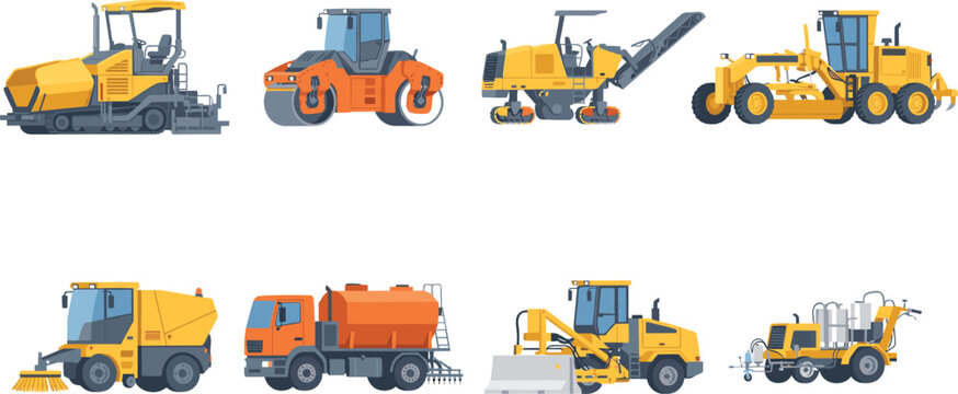 Construction Machinery Collection Featuring Asphalt Paver Rollers Grader Sweeper and Utility Vehicles