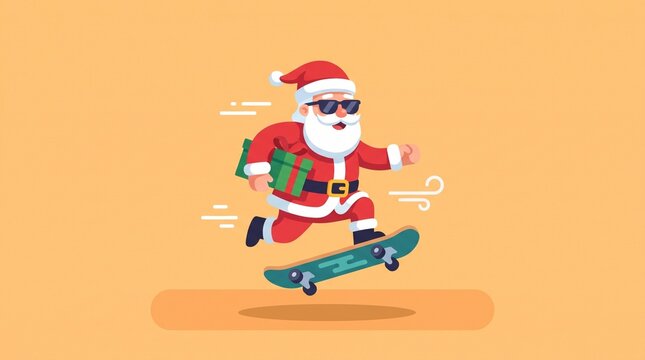 santa claus skateboard gift box flat vector