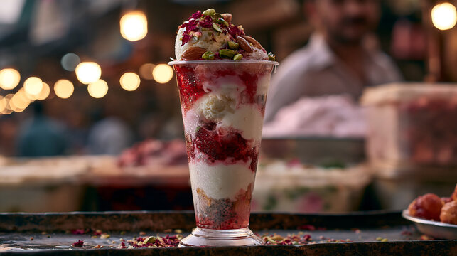 A colorful Indian falooda dessert layered with rose syrup, basil seeds, vermicelli, milk, ice cream, nuts, and rose petals.