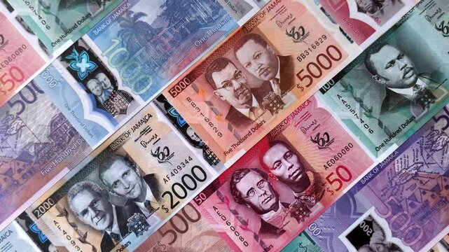 Jamaica, Jamaican paper money, dollar banknotes and cent coins for exchange. Jamaica money