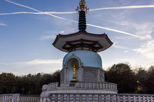 Milton Keynes Peace Pagoda, the first of its kind in the Western hemisphere. Located in Willen Lake North Peace, was built in 1980. Shot 2 October 2026.

