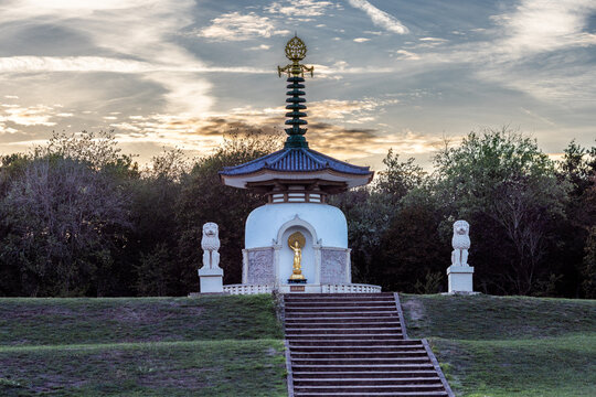 Milton Keynes Peace Pagoda, the first of its kind in the Western hemisphere. Located in Willen Lake North Peace, was built in 1980. Shot 2 October 2026.
