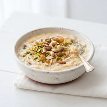 Traditional kheer dessert in bowl garnished with nuts and pistachios