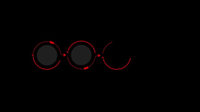 Animated red circular infographic process flow with four step nodes on black background, diagram animation