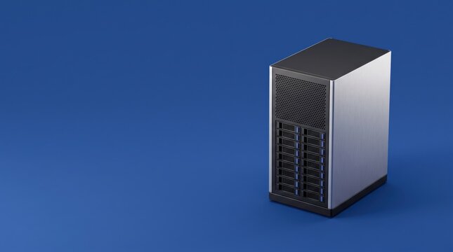 Modern highperformance tower server with multiple hard drive bays for data storage and enterprise computing on blue background