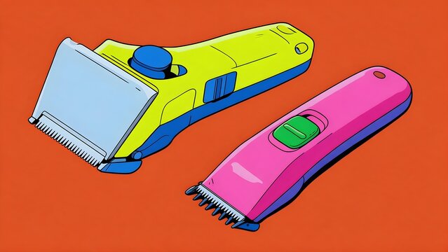 Two colorful electric hair clippers with exaggerated retro styling, ideal for barber shop advertising, grooming campaigns, salon branding and editorial design.