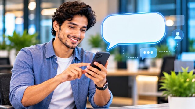 Happy young indian man using smartphone for messaging and social media with floating icons.