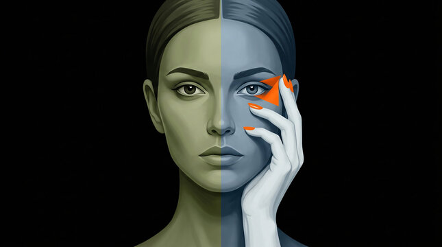 Portrait of woman split screen effect with orange highlights face portrait dual tone artistic photography
