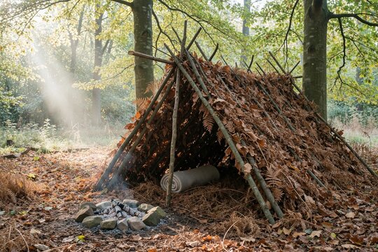 Bushcraft shelter in the forest with campfire