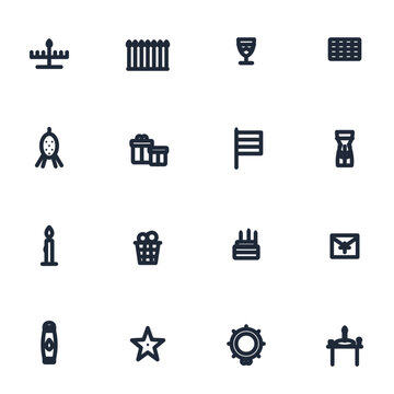 Kwanzaa icon set with kinara, seven candles, unity cup, woven mat, corn, gifts, flag, djembe drum, candle, harvest basket, matchbox, greeting card, lantern, star, wreath and dinner table