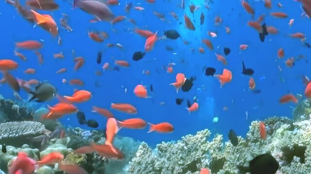 Dense Schooling Reef Fish Swim through a Coral Garden. An underwater view with cool blue tones shows fish moving with visible reef structure, documenting marine habitat and biodiversity.