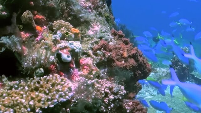 Dense Blue Schooling Fish Swim above Coral Formations. An underwater view emphasizes coral texture and warm coral tones as fish move through the reef, documenting marine habitat and biodiversity.