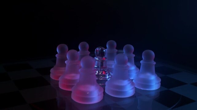 A group of frosted pawns surrounding a single clear pawn, representing social pressure, bullying, and power dynamics, Macro rotating camera