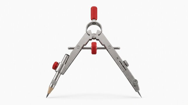 Technical drawing compass with red adjustments and sharp pencil tip isolated on white background